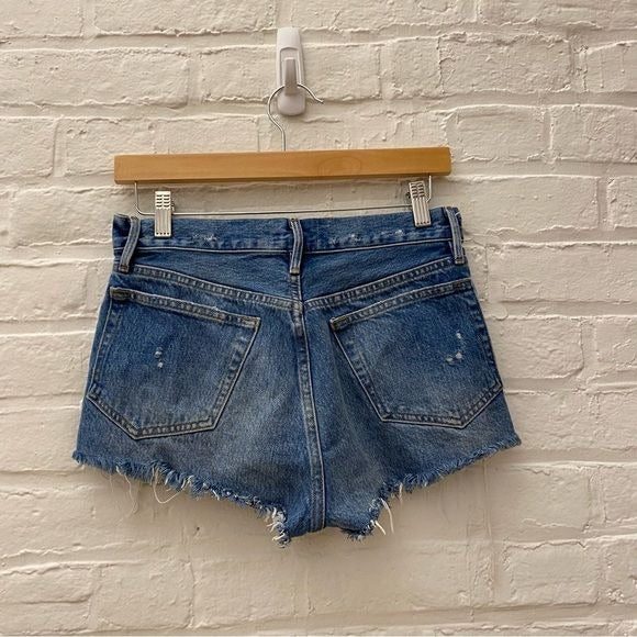 Frame || Le Stevie Distressed Denim Cutoff Shorts with Peeking Pockets Blue 24