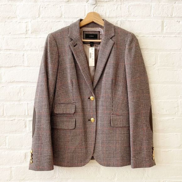 J. Crew || Plaid Wool Jacket Blazer Leather Elbow Patches 6 NWT