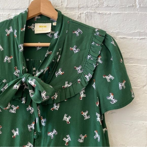 Anthropologie || Maeve Adagio Dog Print Ruffled Blouse Bow Neck Green Small