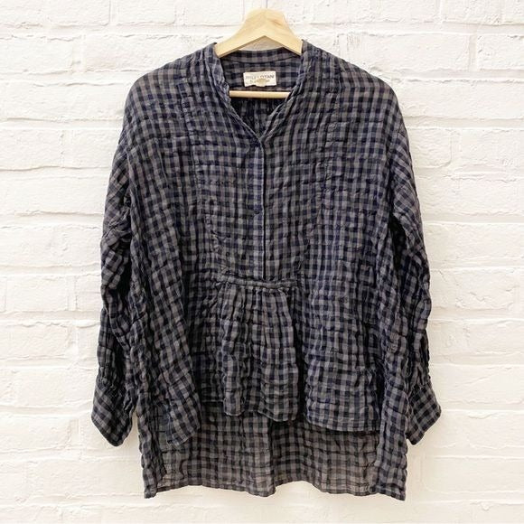 Nili Lotan || Gingham Plaid Check Popover Top Tencel Gray Navy Medium