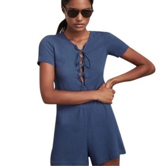 Reformation || Corson Lace Up Tie Romper Shorts Blue Small