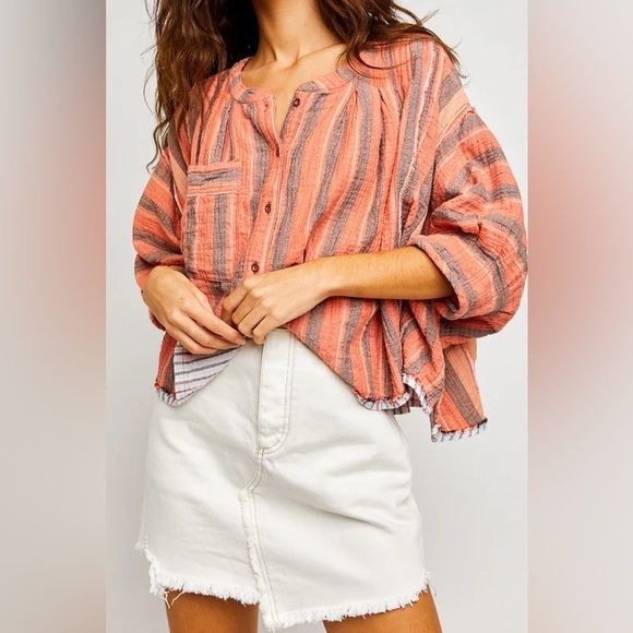 Free People || Lisbon Striped Top Yarn-Dyed Orange