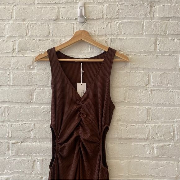 Reformation || Brynlee Ribbed Knit Cutout Keyhole Midi Dress in Cafe Brown L NWT