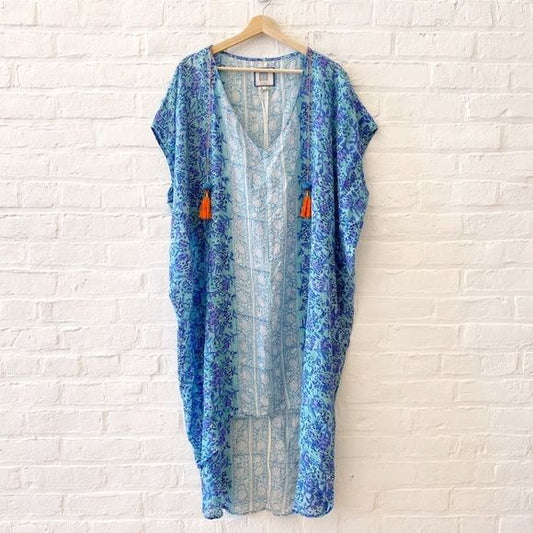 Bell by Alicia Bell || Silk Blend Block Print Kaftan Tunic Dress Tassels Blue S