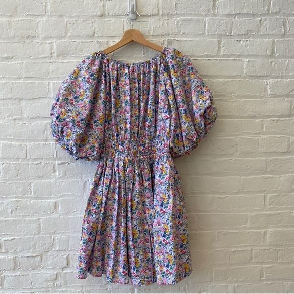 Mable || Puff Sleeve Mini Dress V-Neck Floral Lavender Medium