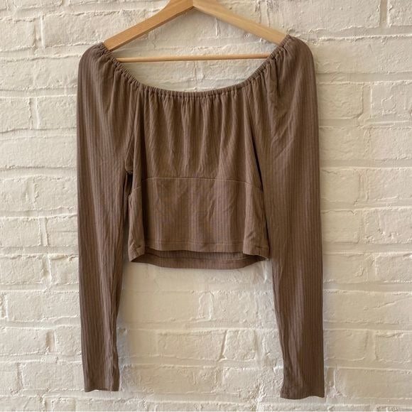 Madewell || Ribbed Square-Neck Keyhole Tie Long-Sleeve Top Brown Beige Large