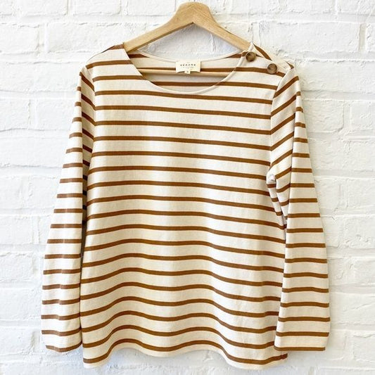 Sezane || Colette Mariniere Top Shirt in Ecru Camel Stripe Medium