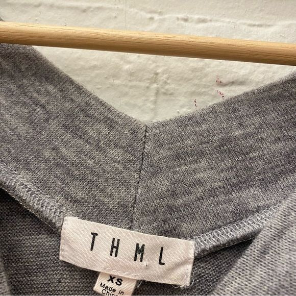 THML || Balloon Sleeve V-neck Sweater Mixed Media Velour Gray Pink XS