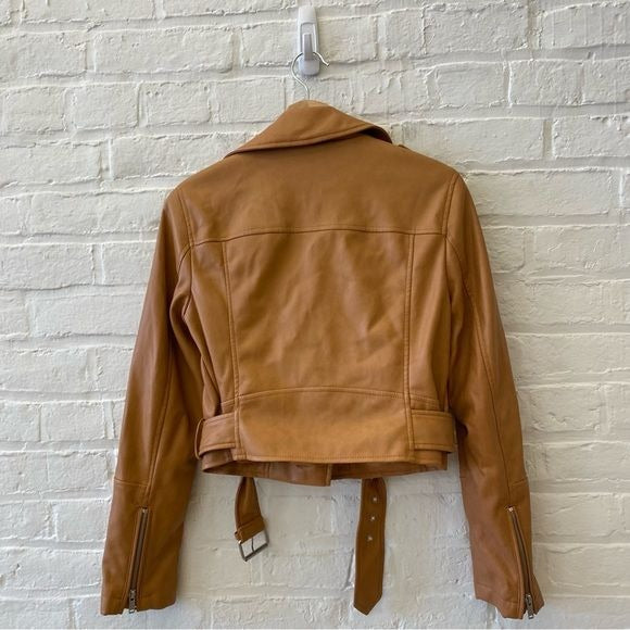 Bagatelle Collection || Belted Moto Jacket Vegan Leather Tan Cognac Small