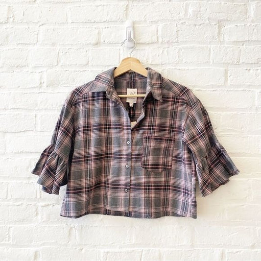 Cinq A Sept || Emile Top Cropped Plaid Flannel Blouse Short Sleeve Gray XS NWT