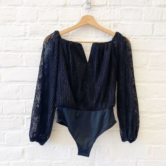 NBD x Revolve || Kevin Bodysuit Long Sleeve V-Wire Lace Black Small