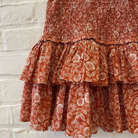 LOFT || Palm Smocked Tiered Smocked Mini Skirt Rust Orange XS