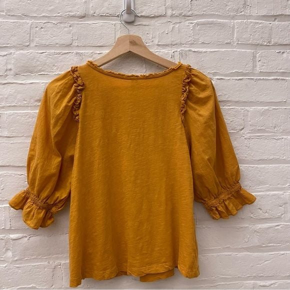 Anthropologie || Smocked Puff-Sleeve Knit Top Gold Small