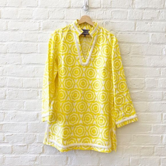 Sail to Sable || Linen Umbrella Print Popover Tunic Yellow White L