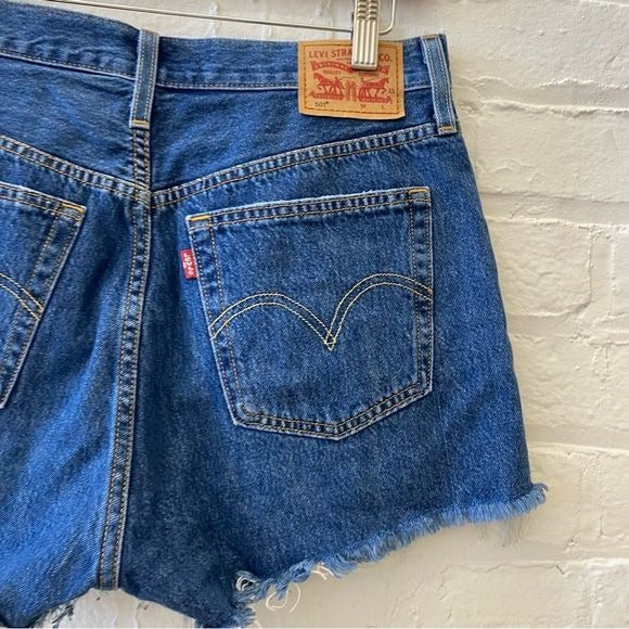 LEVI’S || 501 High Rise Denim Cutoff Shorts Drive Me Crazy Blue Distressed 29