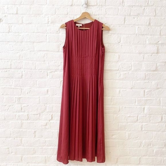 Lafayette 148 New York || Sandrine Pleated Satin Midi Dress Brick Red XS