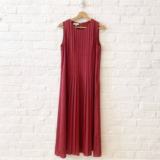 Lafayette 148 New York || Sandrine Pleated Satin Midi Dress Brick Red XS