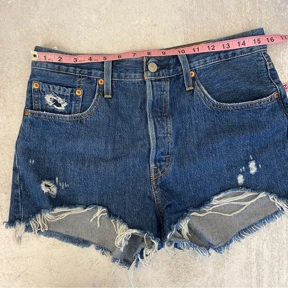 LEVI’S || 501 High Rise Denim Cutoff Shorts Drive Me Crazy Blue Distressed 29