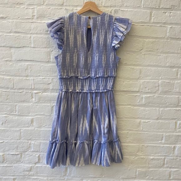 Saylor || Zinnia Smocked Mini Dress Ikat Indigo Blue Small