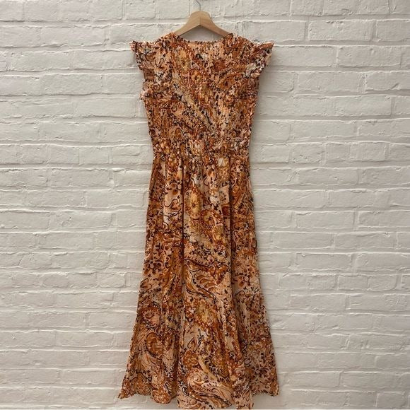 Anthropologie || The Peregrine Midi Dress Brown Orange Smocked Floral XXS