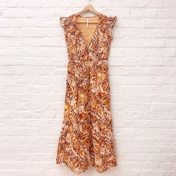 Anthropologie || The Peregrine Midi Dress Brown Orange Smocked Floral XXS