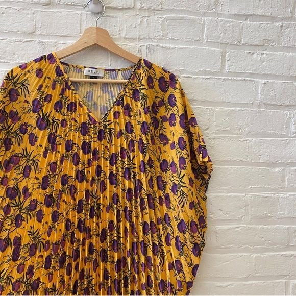 Anthropologie || Delfi Collective Pleated Floral Kaftan Tunic Dress Yellow Small