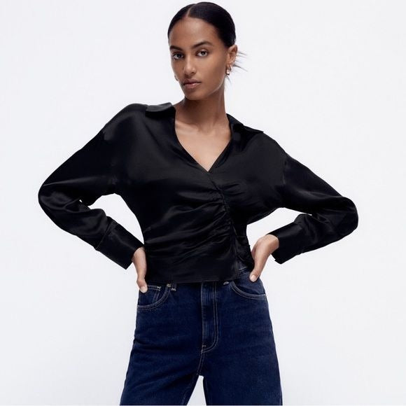 Zara || Ruched Stain Effect Top Blouse Silky Black Small