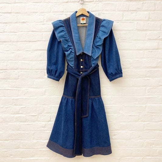 FARM Rio || Patch Denim Midi Dress Belted Ruffle Jean Button Front Blue Small