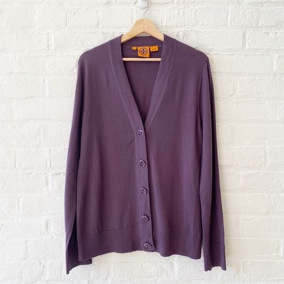 Tory Burch || Logo Button Cardigan Merino Wool Purple XL