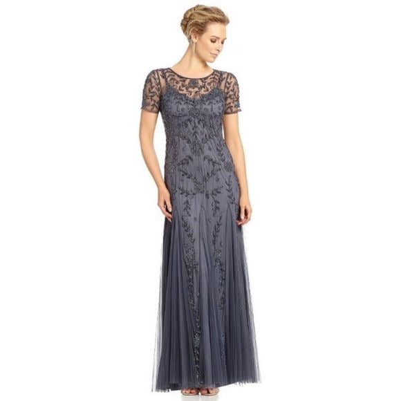 Adrianna Papell || Beaded Floral Gown Tulle Mesh Blue Gray 4