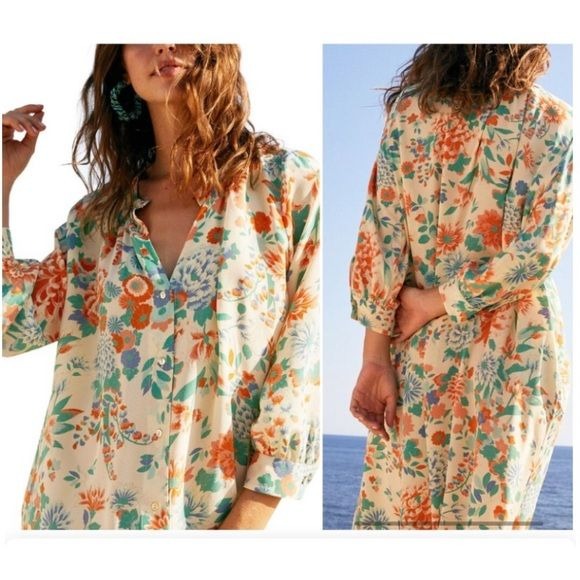 Momoni || Beverly Hills Floral Printed Silk de Chine Tunic Dress Yellow 44 NWT