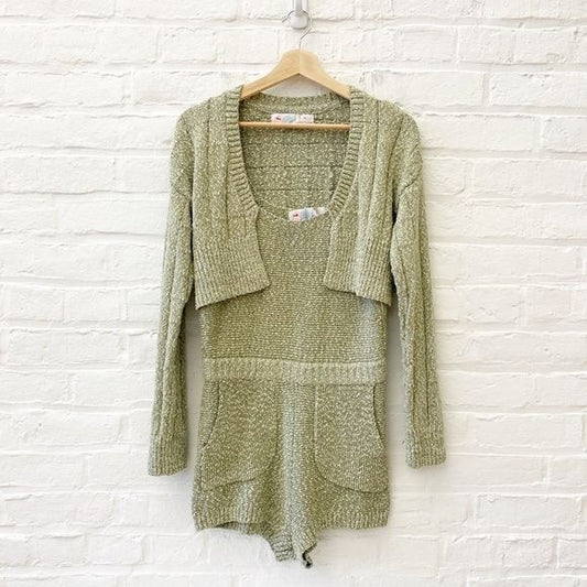 Free People || FP Beach Declan Romper + Cardigan Sweater Set Green Small