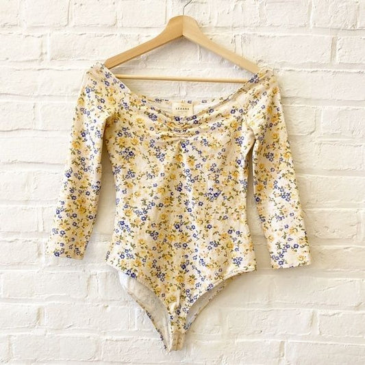 Sezane || Bella Bodysuit in Jardin Printanier Floral Print Yellow Small