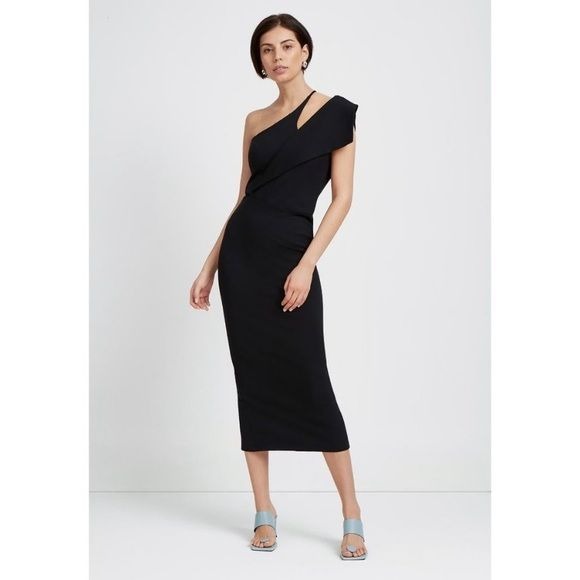 Marcella || Tiffany Asymmetrical Stretch Midi Dress Black XL NWT