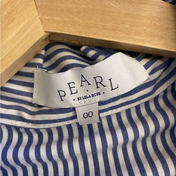 Pearl By Lela Rose || Pussybow Neck Tie Blouse Striped Embroidered Shirt Blue 00