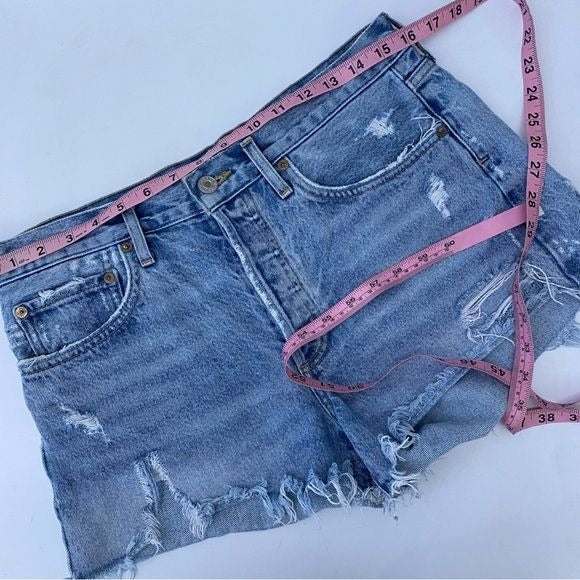 AGOLDE || Parker Vintage Cut Off Shorts Swapmeet Blue Denim Distressed Fray 28