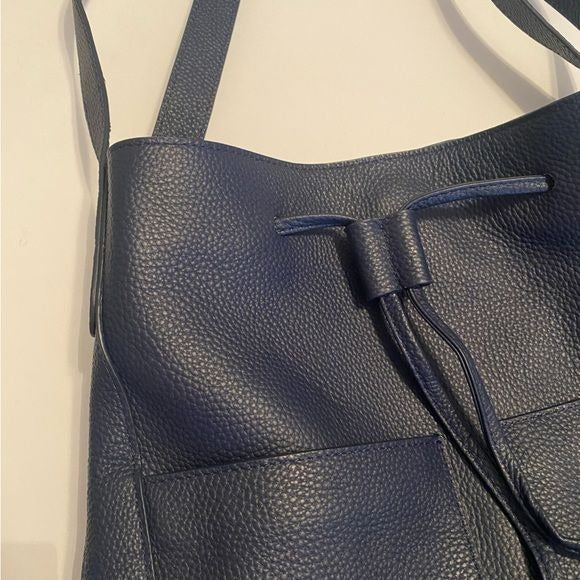 LAGGO || Andrea Tassel Drawstring Hobo Bag Pockets Pebbled Leather Navy