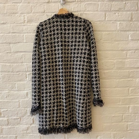 Zara || Houndstooth Tweed Long Sweater Cardigan Jacket Topper Black Small