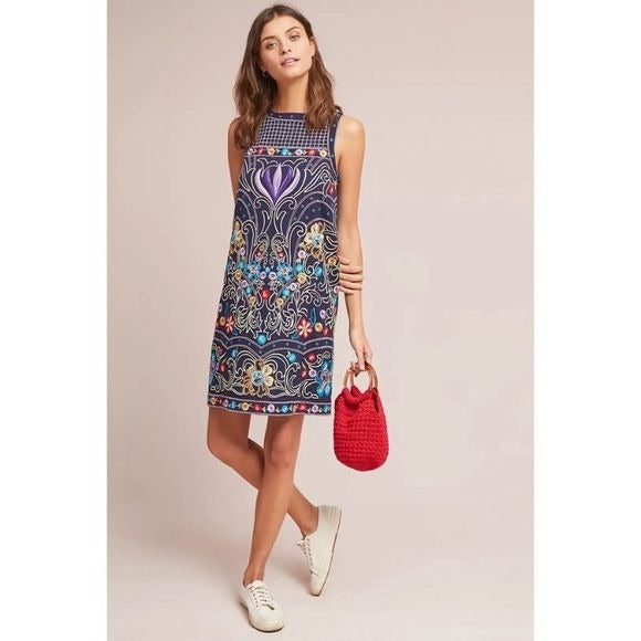 Anthropologie || Maeve Kira Embroidered Shift Dress Navy Blue 4