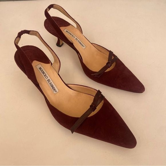 Manolo Blahnik || Slingback Kitten Heels Mules Suede Bow Burgundy Wine Red 37.5