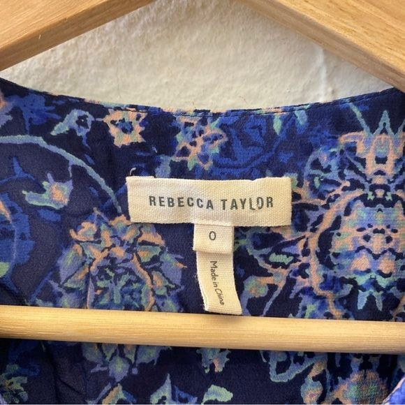 Rebecca Taylor || Silk Dreamweaver Top Long Sleeve Indigo Combo Blue Pink 0