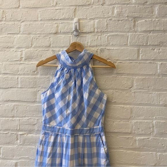 J. Crew || Gingham High-neck Wide Crop Leg Jumpsuit in Cotton Poplin Blue 2