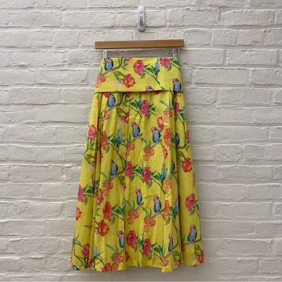 Brooke Wright Designs || Pleated Skirt with Sash Belt Bow Birds Floral Yellow 12