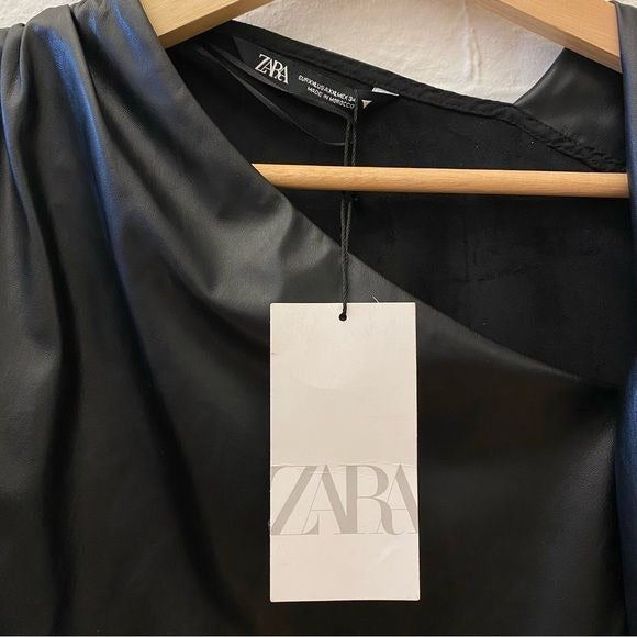 Zara || Faux Leather Draped Top Twist Ruched Black XXL NWT