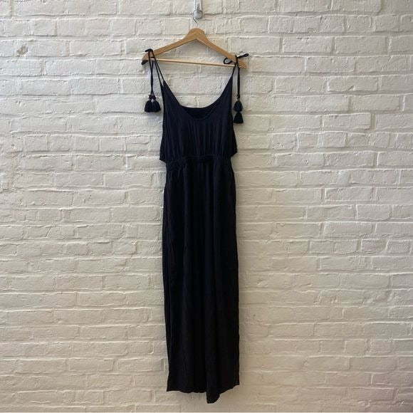 Free People || Open Front Tie Shoulder Tassel Jumpsuit Black Keyhole Small