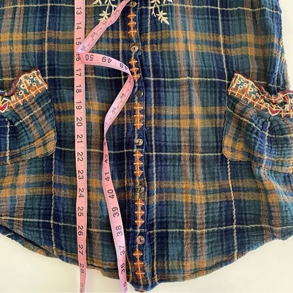 Johnny Was || Workshop Embroidered Plaid Tunic Button Down Floral Blue Small