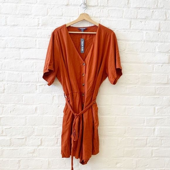 Modcloth || Summertime Playtime Romper Rust Orange Tie Waist Linen Blend 24 NWT