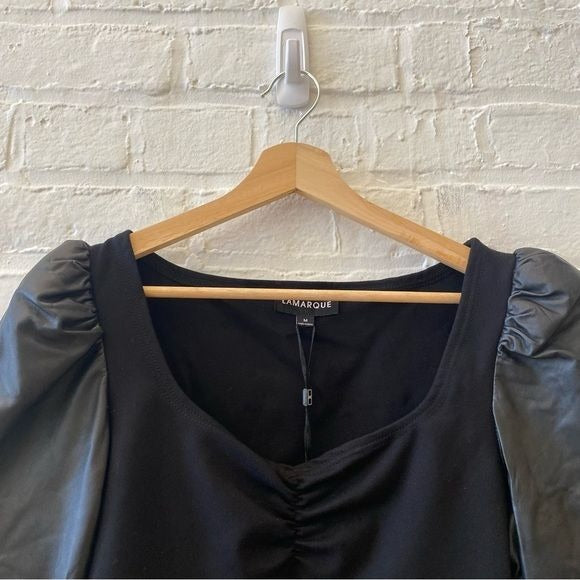 Lamarque || Kira Puff Sleeve Sweetheart Top Lamb Leather Black Medium NWT