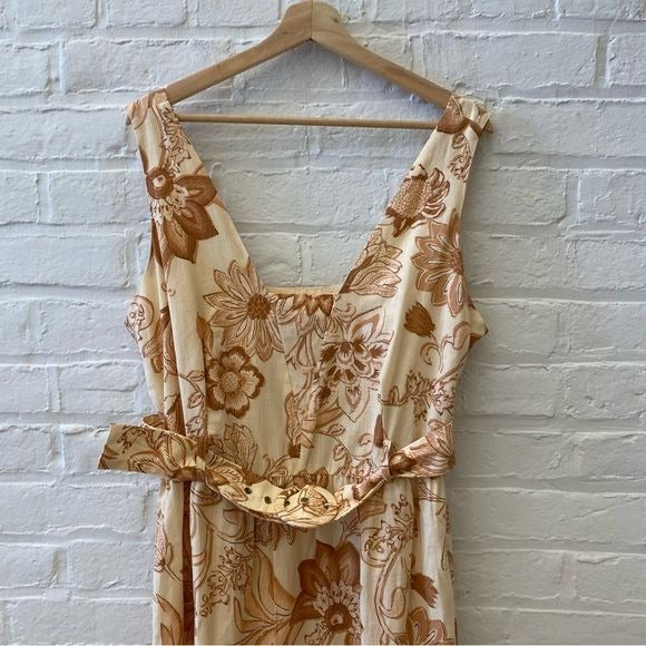 Mango || Martina Belted Cotton Floral Maxi Dress Cream Orange XXL NWT