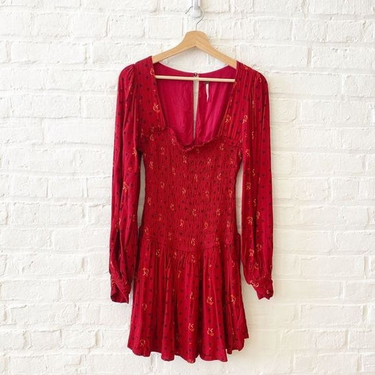 Free People || Two Faces Smocked Mini Dress Red XS